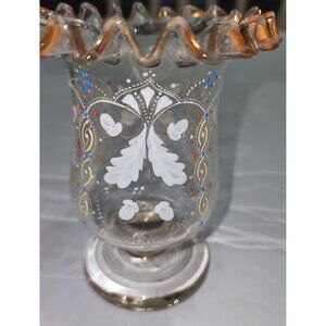 Vintage Hand-Painted Ruffled Edge Glass Vase With Gold Accents & Floral Design